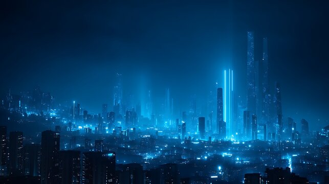 Futuristic cityscape at night with glowing blue lights and skyscrapers digital art wallpaper - Powered by Adobe