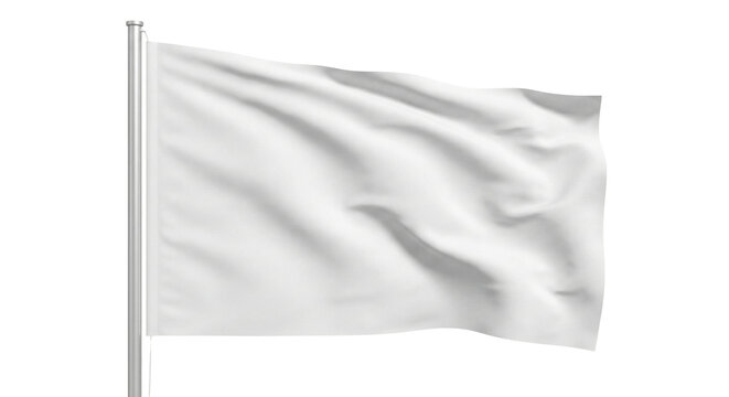 Blank white waving flag on silver pole mockup