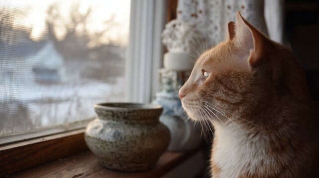 Orange tabby cat sitting on a windowsill, looking out the window. the cat is facing towards the right side of the image, with its head turned slightly to the left.