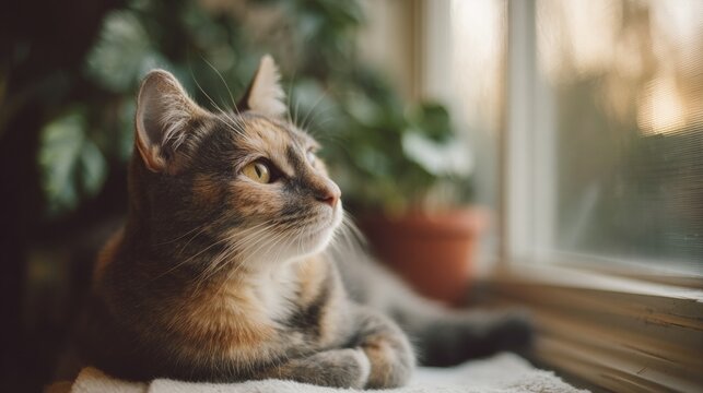 Close-up of a cat sitting on a window sill. the cat is a calico with brown and black fur, and its eyes are looking up towards the sky.