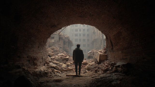 A man stands in the ruins of an underground tunnel, gazing out at the destroyed buildings outside. Ai generated