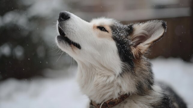 Close-up of a dog's face. the dog appears to be a siberian husky, with white and black fur. its eyes are closed and its mouth is slightly open, as if it is sniffing something.
