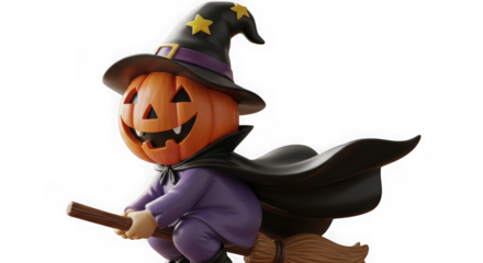 Spooky halloween jack-o'-lantern witch flying on broomstick.