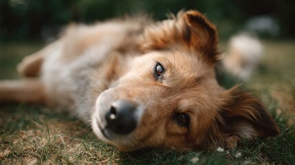 Obraz premium Close-up of a golden retriever dog lying on the grass. the dog is lying on its side with its head resting on its front paws and its eyes looking directly at the camera.