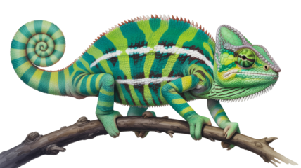Vibrant chameleon perched on branch, a symbol of adaptation and camouflage in the animal kingdom
