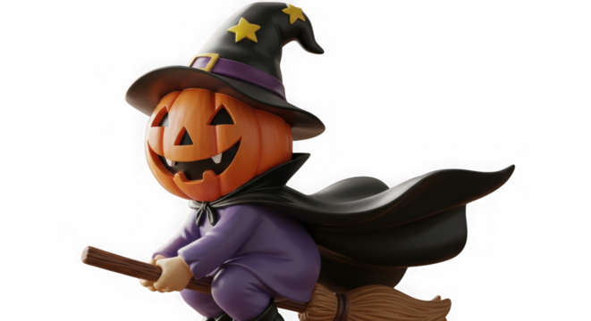 Spooky halloween jack-o'-lantern witch flying on broomstick.