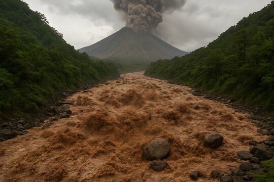 An impressive image of a lahar (volcanic mudflow) rushing down a river valley after a major eruption, carrying large boulders and debris. 