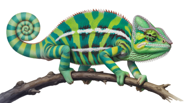 Vibrant chameleon perched on branch, a symbol of adaptation and camouflage in the animal kingdom