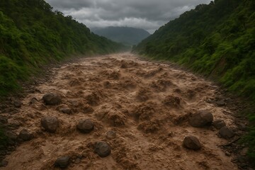 An impressive image of a lahar (volcanic mudflow) rushing down a river valley after a major eruption, carrying large boulders and debris. 