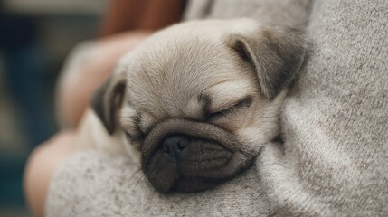 Close-up of a small pug puppy sleeping peacefully on a person's lap. the puppy is resting its head on a gray blanket, with its eyes closed and its head resting on its front paws.