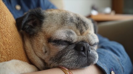 Small pug dog sleeping peacefully on a person's lap. the dog is resting its head on the person's arm and its eyes are closed.