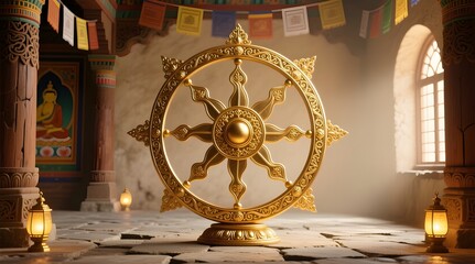Golden Dharma Wheel in a Temple for Spiritual Practice and Buddhist Symbolism