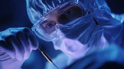 A scientist in protective gear holds an instrument with a blue glowing tip, in a close-up view. Ai generated