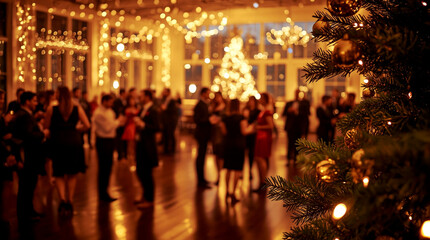 Elegant Christmas Party with People Dancing and Socializing in Festive Hall Decorated with Lights and Tree &ndash; Warm Holiday Celebration Atmosphere