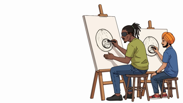 Artistic education with two artists drawing on canvas during art class and learning drawing. Art class teaches drawing skills in fun session. This art class is great to spend time together. - Powered by Adobe