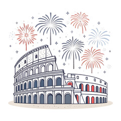 A minimal Colosseum outline paired with abstract fireworks creating a festive modern visual that highlights