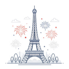 A minimal Eiffel Tower design accented with small abstract fireworks creating a festive modern visual highlighting