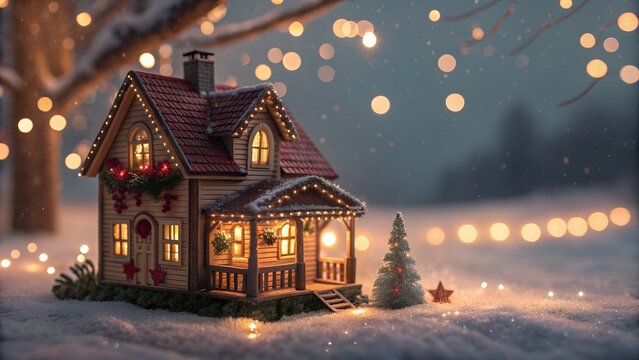 Festive christmas miniature house glowing with lights in a snowy winter scene