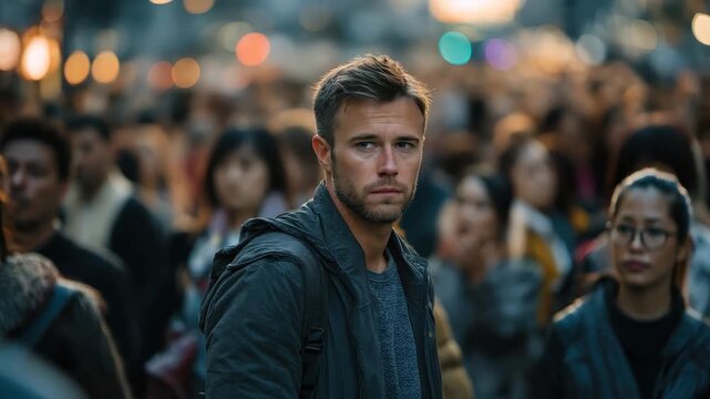 Man stands still amid a busy crowd in an urban setting, observing the hustle and bustle of city life during the early evening hours