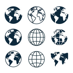 Globe Icon Set Vector &ndash; World Map Symbols, Earth Silhouettes, and Global Network Illustration Pack
