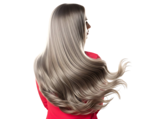 Rear view of a woman with very long, voluminous, crimped, silvergray hair flowing dynamically against a pure transparent background, showcasing hair texture and length
