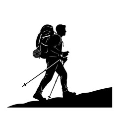 Hiking Man Silhouette Vector &ndash; Backpacker Trekking with Poles for Outdoor Adventure and Mountain Travel Designs