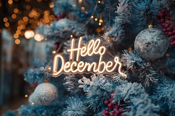 Hello December Neon Sign on a Teal-Blue Christmas Tree Decorated with Silver Baubles and Pink Berries Against Warm Bokeh Lights
