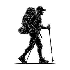 Hiking Man Silhouette Vector &ndash; Backpacker Trekking with Poles for Outdoor Adventure and Mountain Travel Designs