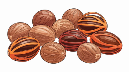 Nutmeg spice still life featuring aromatic seeds for culinary use. Displaying assorted nutmeg seeds showcases cooking ingredient and seasoning elements, ideal for baking, desserts,