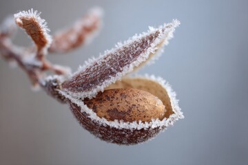 Delicate frost crystals on open seed pod