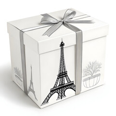A minimal gift box design featuring an Eiffel Tower silhouette creating a charming Paris themed visual with elegant