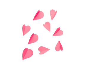 Pink Paper Hearts on White Background. Romantic Flat Lay for Valentines Day or Wedding Decor