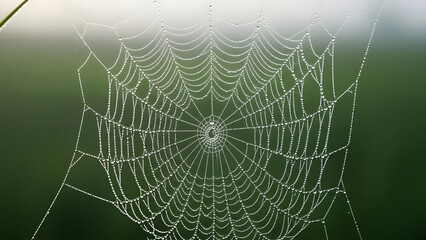 Macro shot of a dewdrops-covered spider web, glistening in the morning light against a soft green blurred background