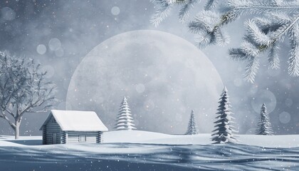 Winter wonderland scene featuring a cozy cabin snow-covered landscape serene environment nighttime view of the moon tranquility concept