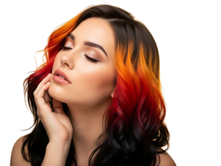 Beautiful young woman with vibrant ombre hair coloring featuring shades of fiery red and bright orange against a pure transparent background, posing elegantly with eyes closed