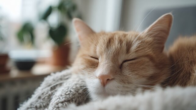Close-up of an orange tabby cat sleeping peacefully on a gray blanket. the cat's eyes are closed and its head is resting on its paws.