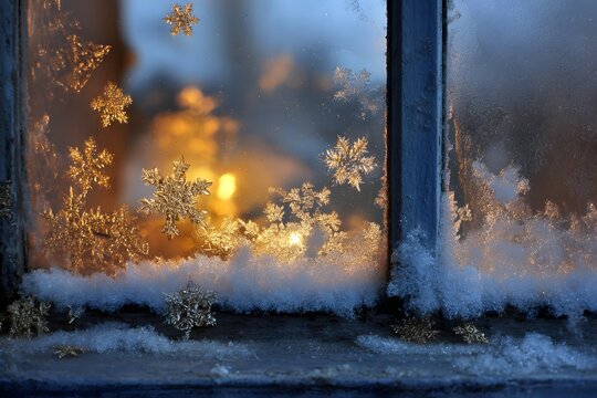 Magical Frozen Window Pane with Decorative Snowflakes and Warm Candlelight Glow Illuminating a Cozy Winter Interior Scene