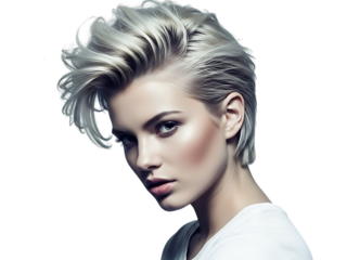 Striking portrait of a young woman with edgy, platinum blonde, short, textured, and voluminous pixie haircut, looking intensely at the camera, isolated on transparent background