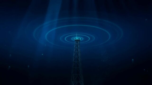 Underwater high-tech communication tower emitting animated sonar rings in deep ocean blue water with marine life silhouettes