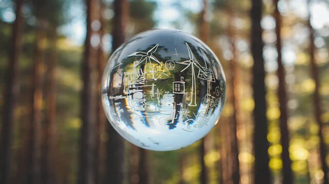 Crystal ball with renewable energy and sustainable city concept drawings reflected inside, floating in a blurred forest setting, symbolizing green future and environmental technology