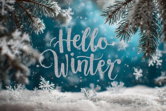 Hello Winter Text Written in Sparkling Glitter Script, Framed by Snowy Pine Branches and Large Snowflakes Against a Dark Blue Background