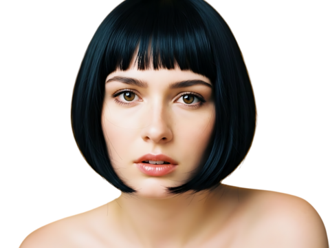 Closeup portrait of a young woman with a stylish, short, black bob haircut and straight fringe, looking directly at the camera with a neutral expression, isolated on transparent background