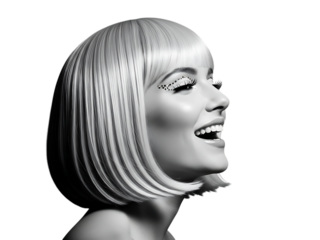 Black and white portrait of a happy woman with a short, straight blonde bob wig, smiling broadly in profile against a transparent background