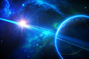 Fototapeta premium Blue light flare - flash light streak ray - large light flare behind the planet