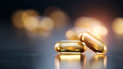 Close-up of golden capsules on a reflective surface. The soft glow creates a warm atmosphere. Perfect for health, medicine, or wellness concepts. Capture the essence of vitality. AI