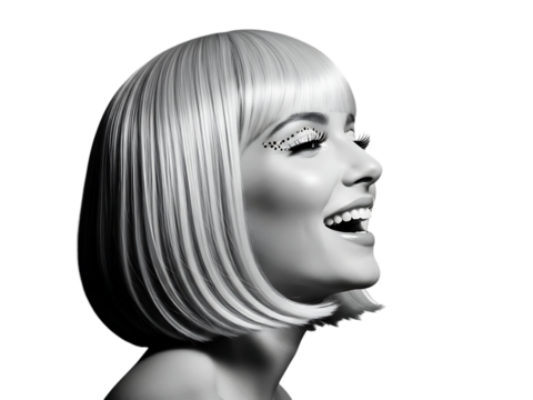 Black and white portrait of a happy woman with a short, straight blonde bob wig, smiling broadly in profile against a transparent background