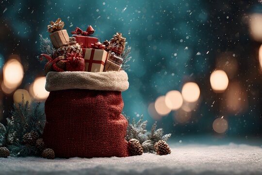 Santa's Red Sack Overflowing with Christmas Gifts and Pine Cones, Sitting in the Snow on a Winter Night with Falling Snowflakes and Bokeh Lights