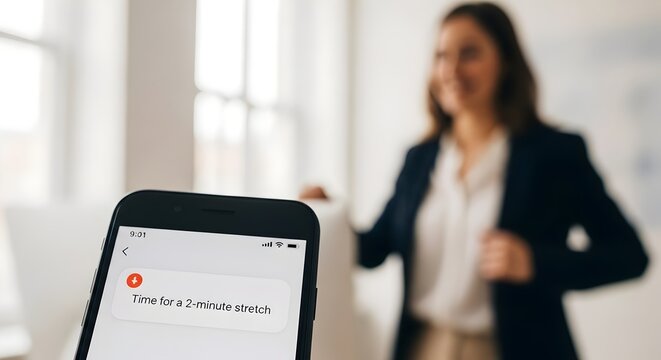 Smartphone Screen Showing Stretching Reminder Notification with Businesswoman Standing Up in Background
