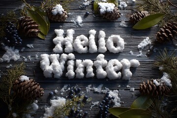 Hello Winter Text Spelled Out in Snow on Rustic Wooden Background Surrounded by Pine Cones, Berries, and Evergreen Foliage