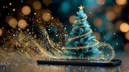 Digital Christmas Tree Emerging from a Smartphone Screen, Decorated with Gold Tinsel and Sparkles, against a Blue Bokeh Holiday Background